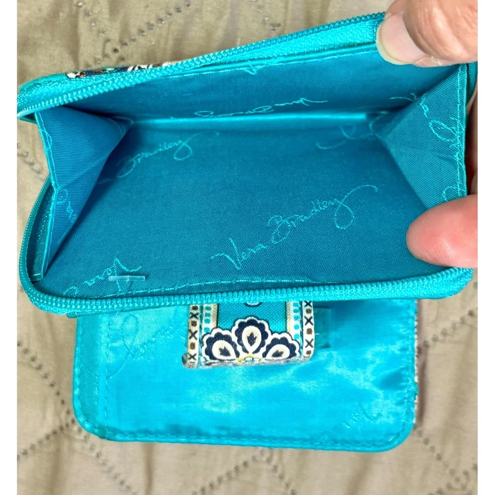Vera Bradley Teal Blue Paisley Quilted Cotton Small Bifold Zip Wallet